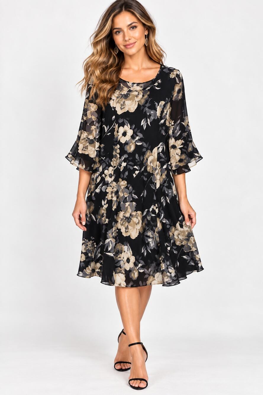 Susan Graver Liquid Knit Dress Women's Size M Black Floral Office Wedding Guest